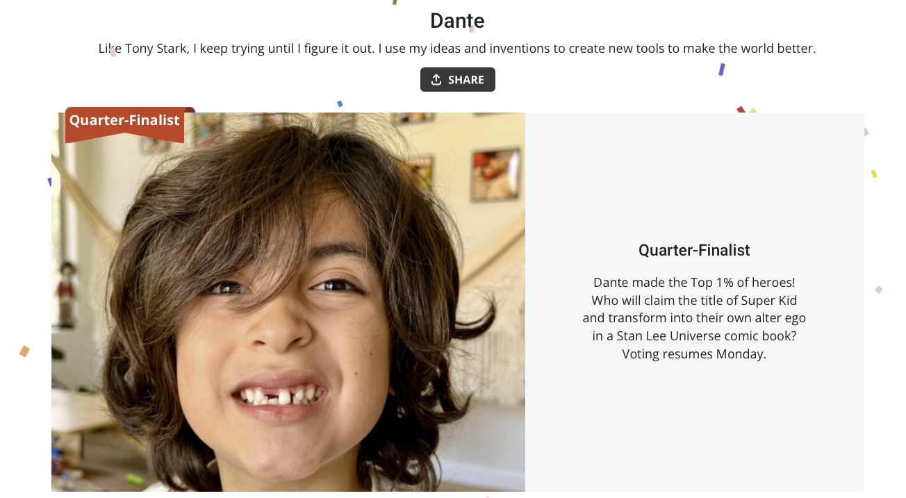 Dante's Super Kid quarter-finalist announcement